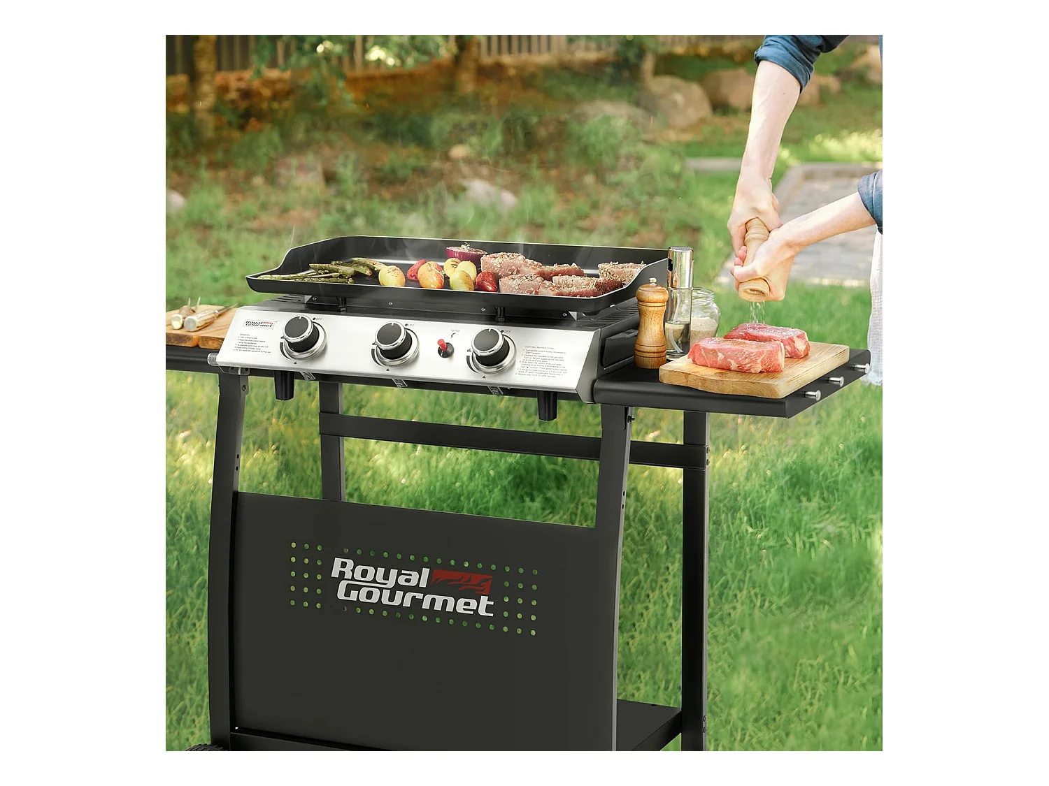 Plancha Gaz sur Chariot Royal Gourmet - 3 Brûleurs Puissance 7.5kW - Plaque Amovible