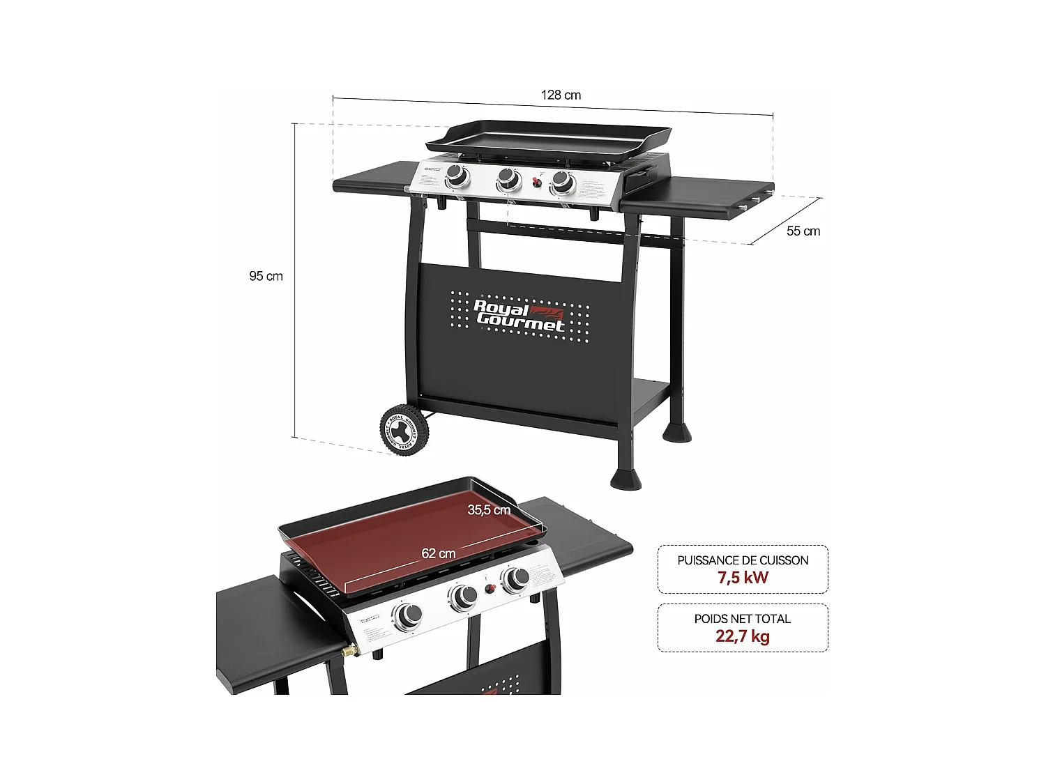 Plancha Gaz sur Chariot Royal Gourmet - 3 Brûleurs Puissance 7.5kW - Plaque Amovible