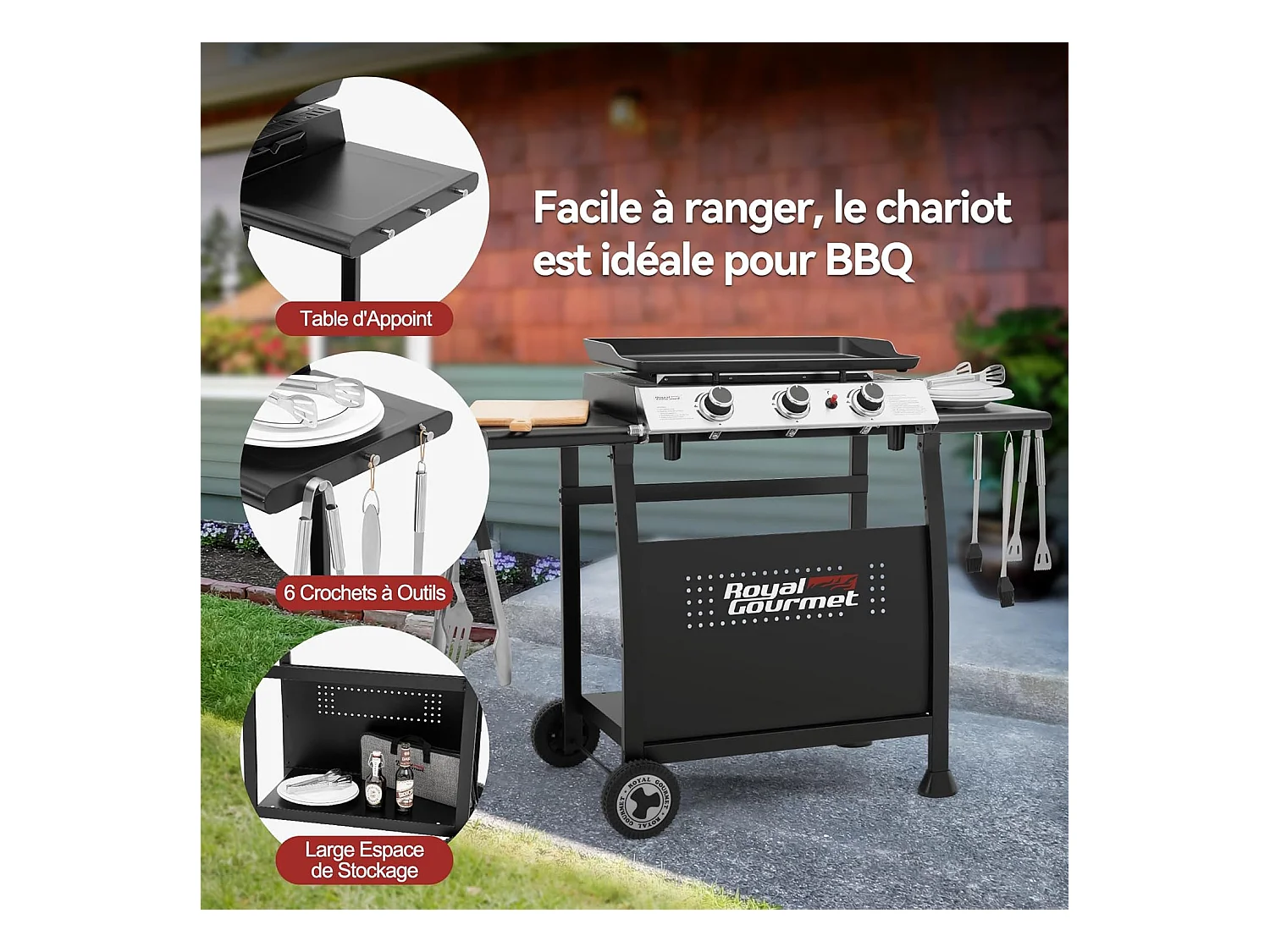 Plancha Gaz sur Chariot Royal Gourmet - 3 Brûleurs Puissance 7.5kW - Plaque Amovible