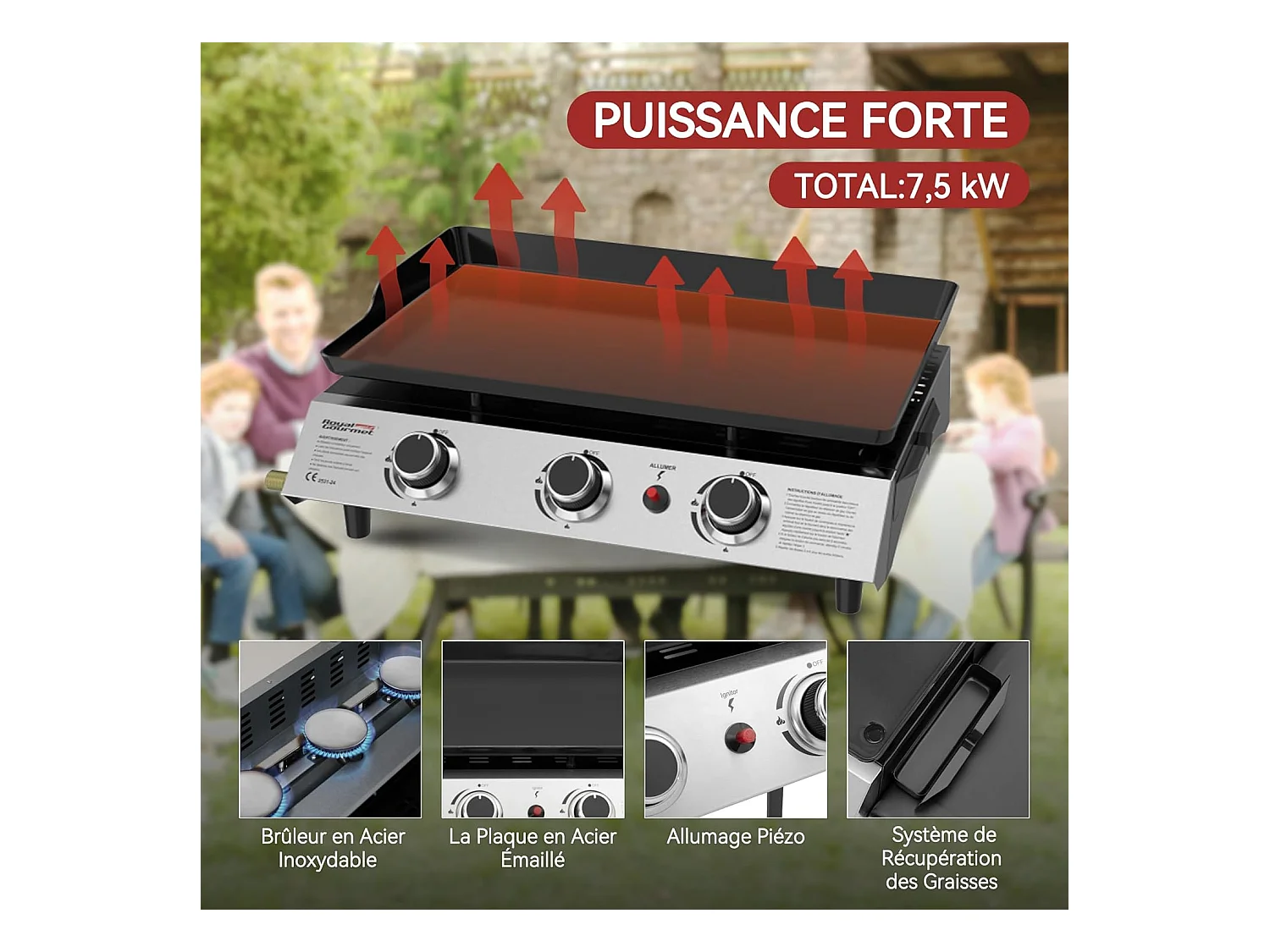Plancha Gaz sur Chariot Royal Gourmet - 3 Brûleurs Puissance 7.5kW - Plaque Amovible