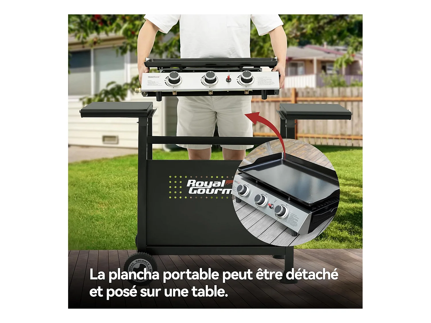 Plancha Gaz sur Chariot Royal Gourmet - 3 Brûleurs Puissance 7.5kW - Plaque Amovible