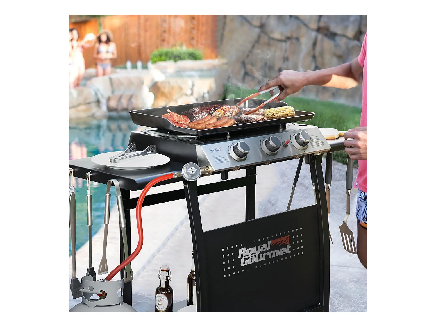 Plancha Gaz sur Chariot Royal Gourmet - 3 Brûleurs Puissance 7.5kW - Plaque Amovible