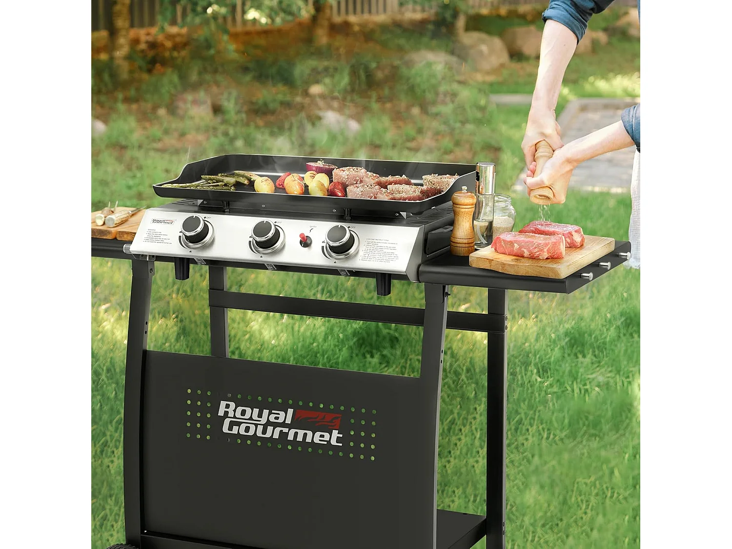 Plancha Gaz sur Chariot Royal Gourmet - 3 Brûleurs Puissance 7.5kW - Plaque Amovible