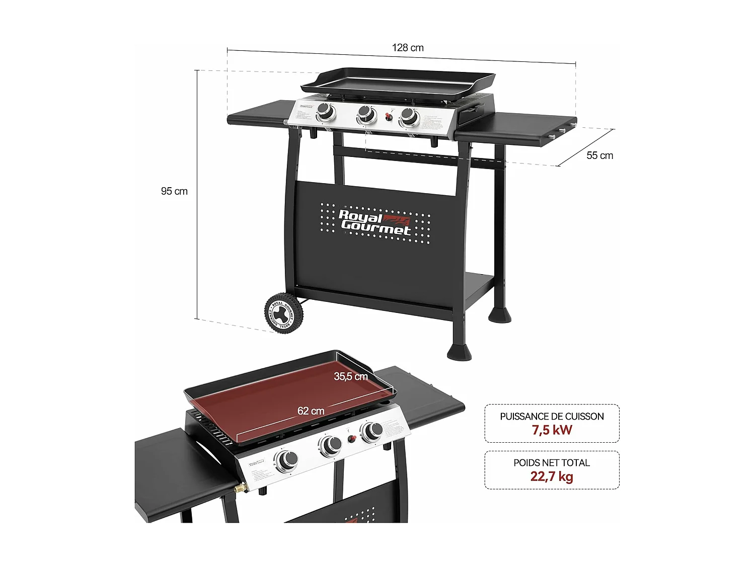Plancha Gaz sur Chariot Royal Gourmet - 3 Brûleurs Puissance 7.5kW - Plaque Amovible