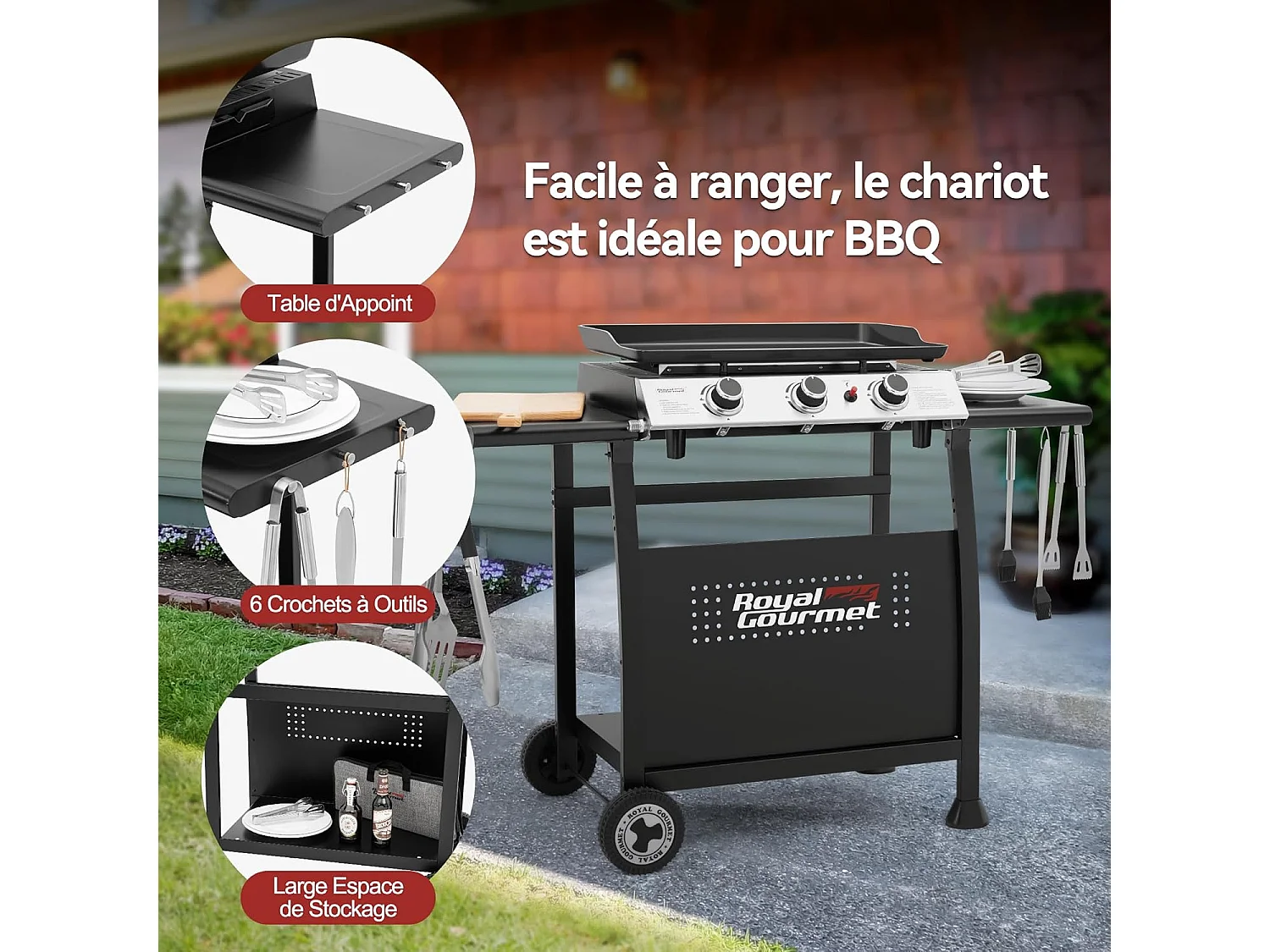 Plancha Gaz sur Chariot Royal Gourmet - 3 Brûleurs Puissance 7.5kW - Plaque Amovible