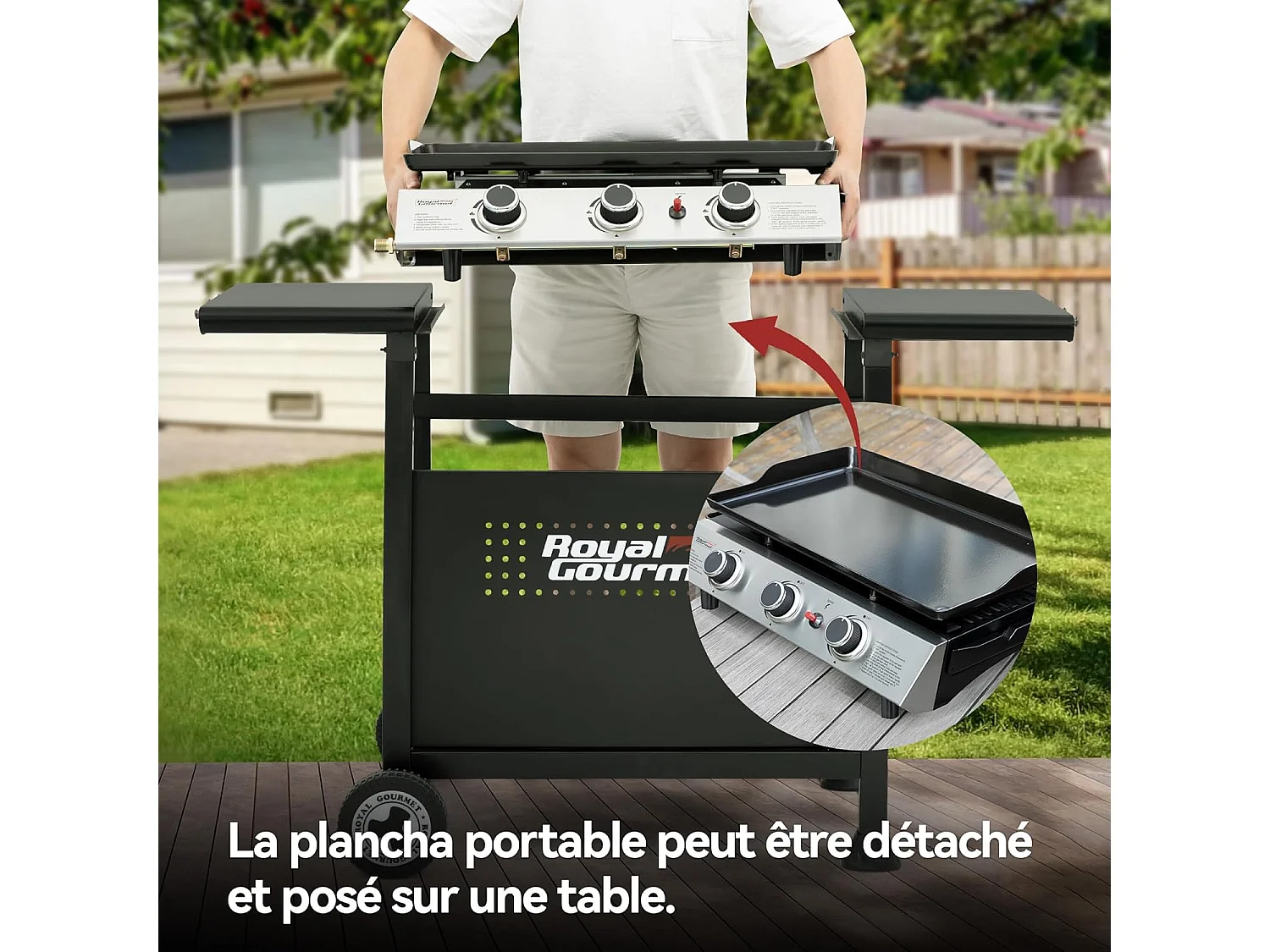 Plancha Gaz sur Chariot Royal Gourmet - 3 Brûleurs Puissance 7.5kW - Plaque Amovible