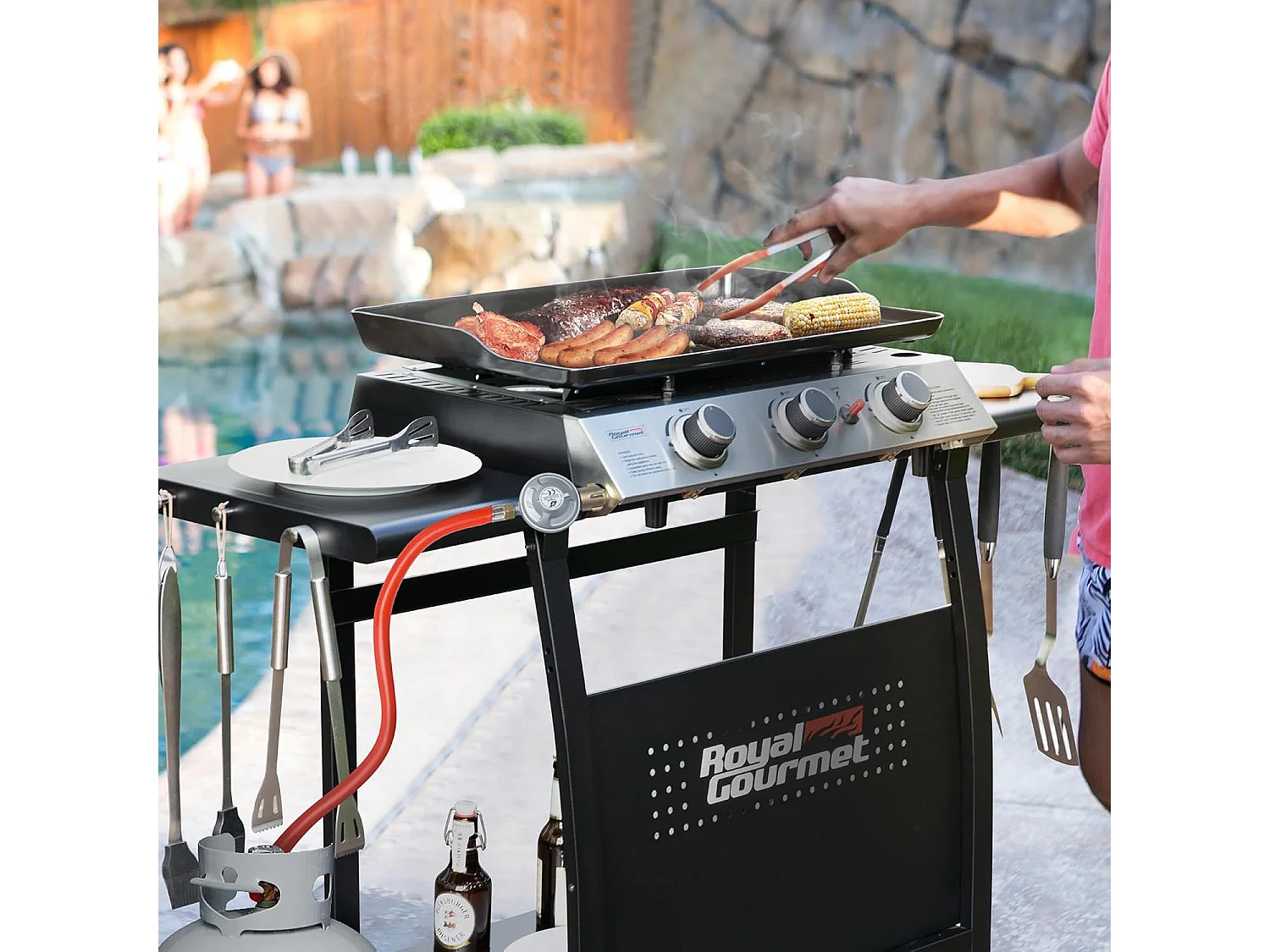 Plancha Gaz sur Chariot Royal Gourmet - 3 Brûleurs Puissance 7.5kW - Plaque Amovible