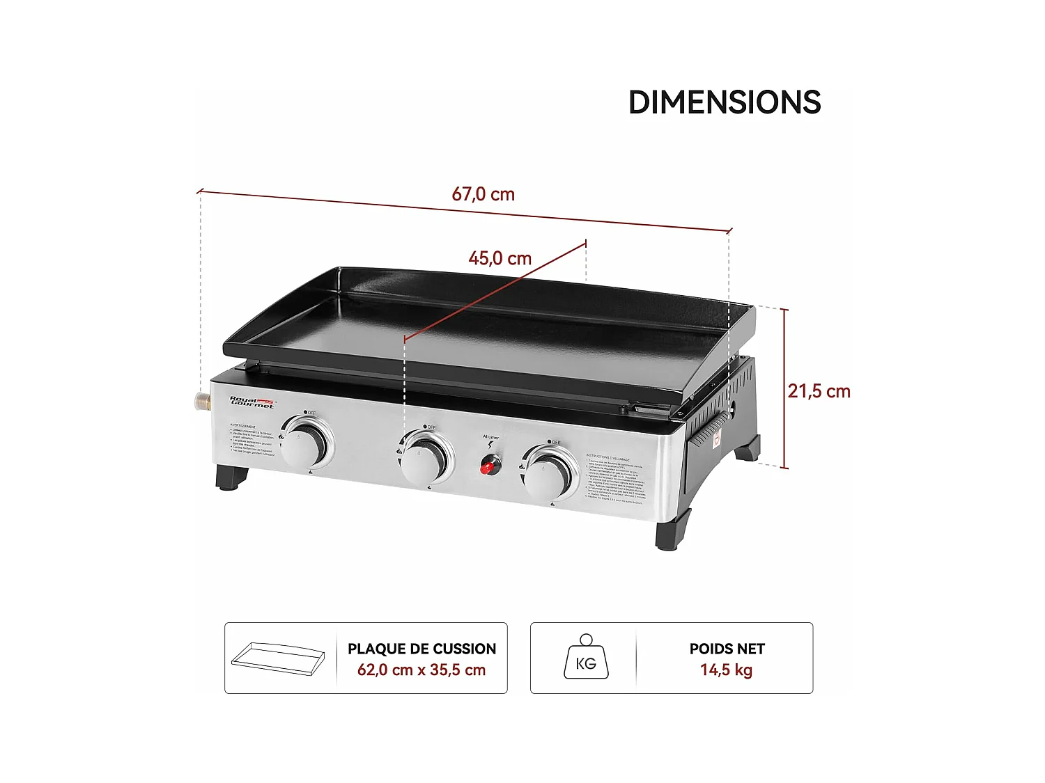 Plancha Gaz Royal Gourmet en Acier Émaillé -3 Brûleurs Puissance 7.5kW, Surface Cuisson 62,0 x 35,5 cm