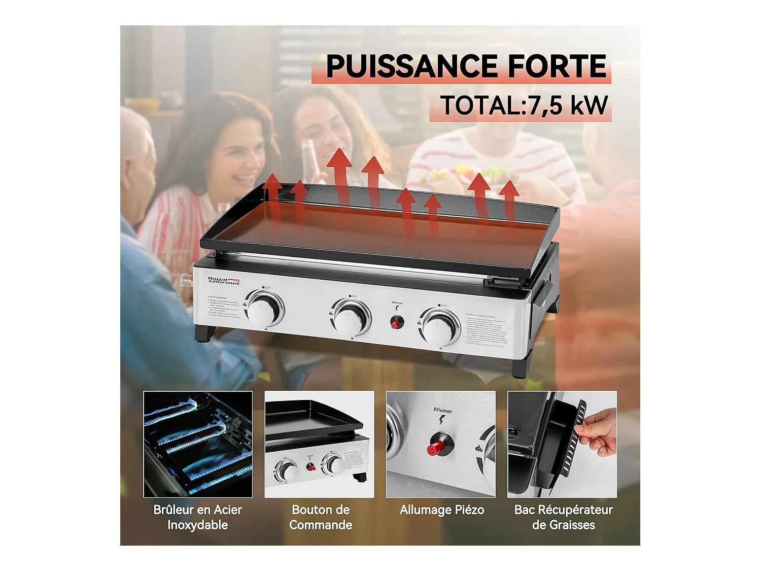 Plancha Gaz Royal Gourmet en Acier Émaillé -3 Brûleurs Puissance 7.5kW, Surface Cuisson 62,0 x 35,5 cm