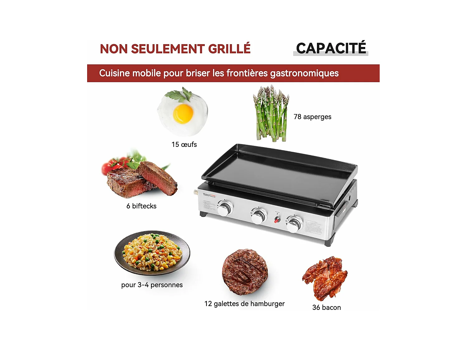 Plancha Gaz Royal Gourmet en Acier Émaillé -3 Brûleurs Puissance 7.5kW, Surface Cuisson 62,0 x 35,5 cm