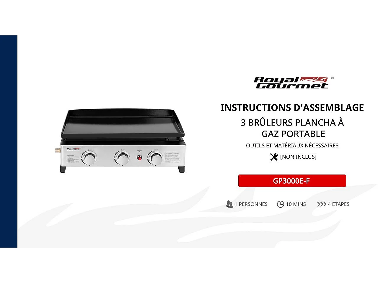 Plancha Gaz Royal Gourmet en Acier Émaillé -3 Brûleurs Puissance 7.5kW, Surface Cuisson 62,0 x 35,5 cm