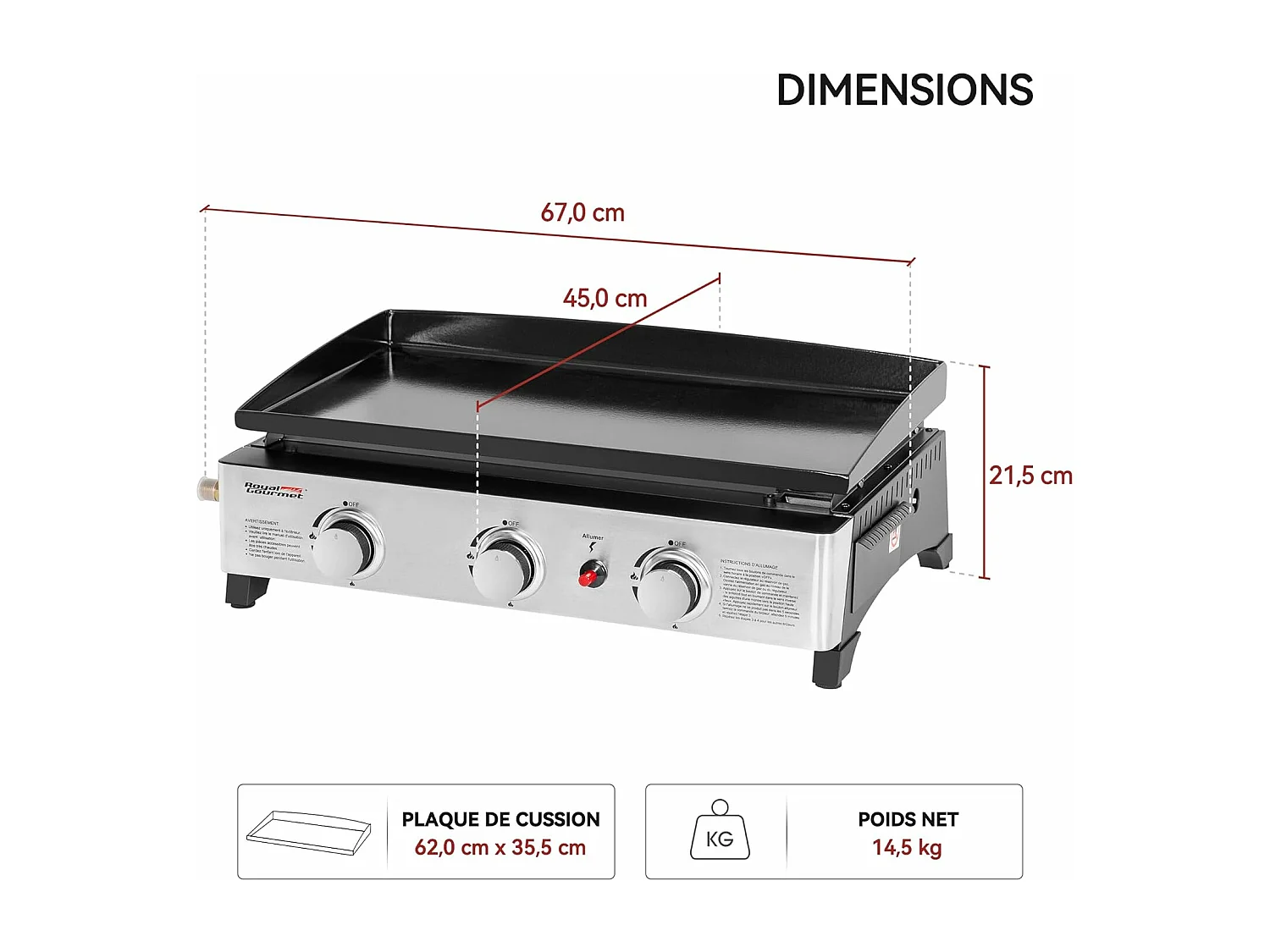 Plancha Gaz Royal Gourmet en Acier Émaillé -3 Brûleurs Puissance 7.5kW, Surface Cuisson 62,0 x 35,5 cm