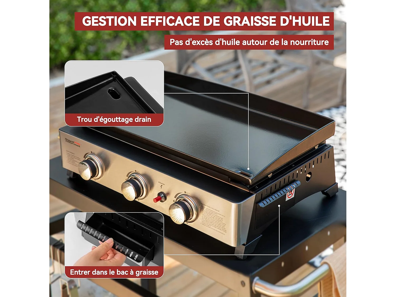 Plancha Gaz Royal Gourmet en Acier Émaillé -3 Brûleurs Puissance 7.5kW, Surface Cuisson 62,0 x 35,5 cm