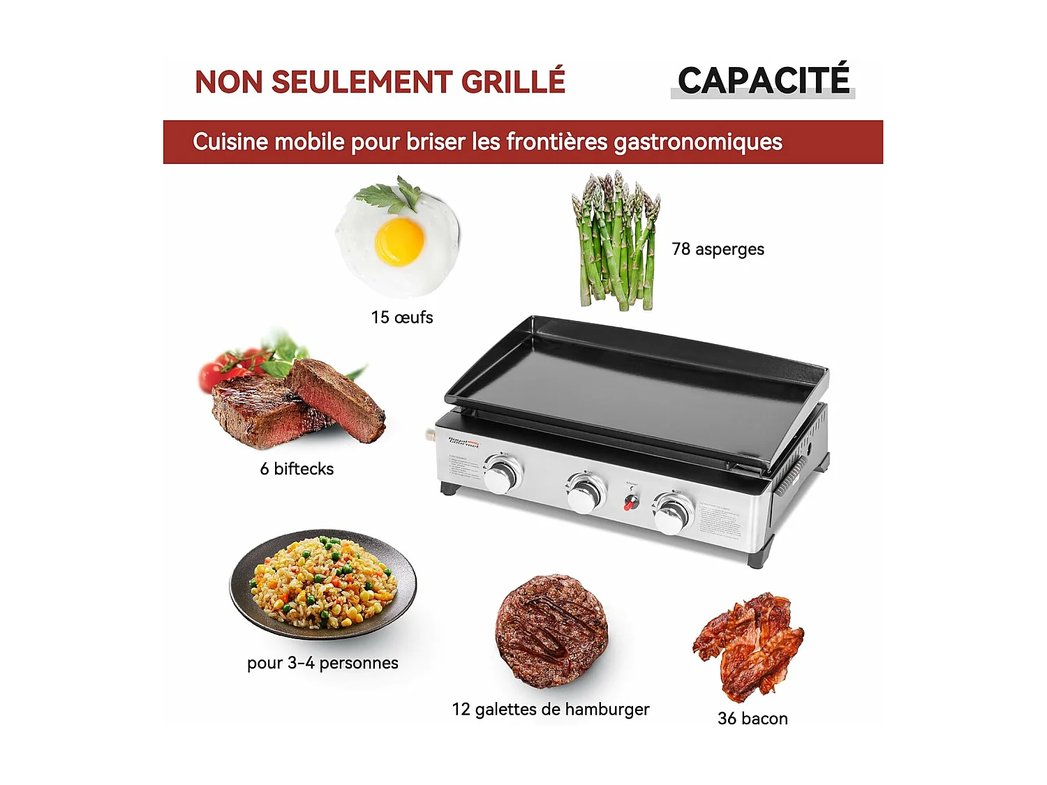 Plancha Gaz Royal Gourmet en Acier Émaillé -3 Brûleurs Puissance 7.5kW, Surface Cuisson 62,0 x 35,5 cm