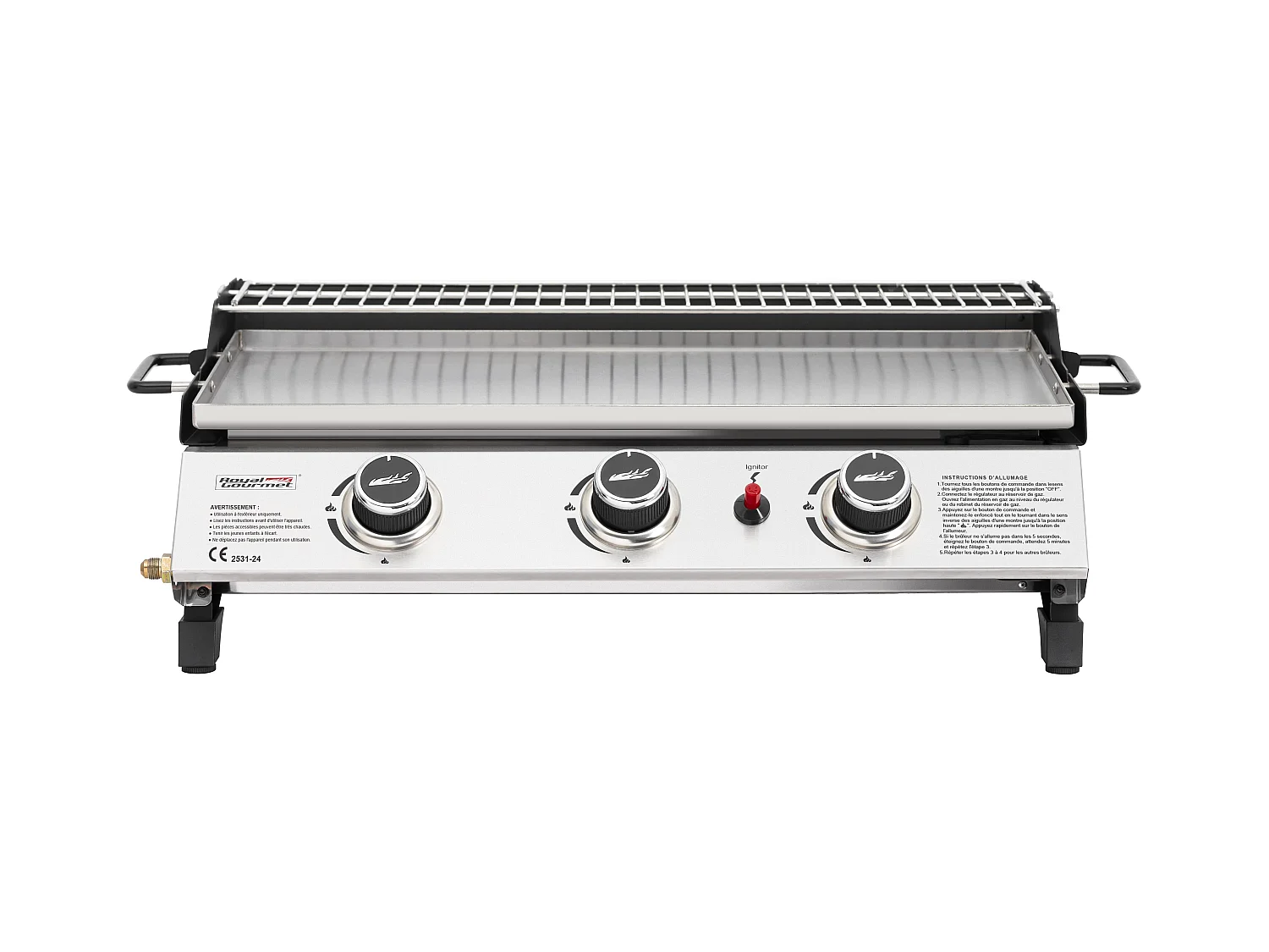 Plancha Gaz Royal Gourmet -3 Brûleurs 7.5kW-Plaque 61,5 x 32cm avec Grille de Réchauffage