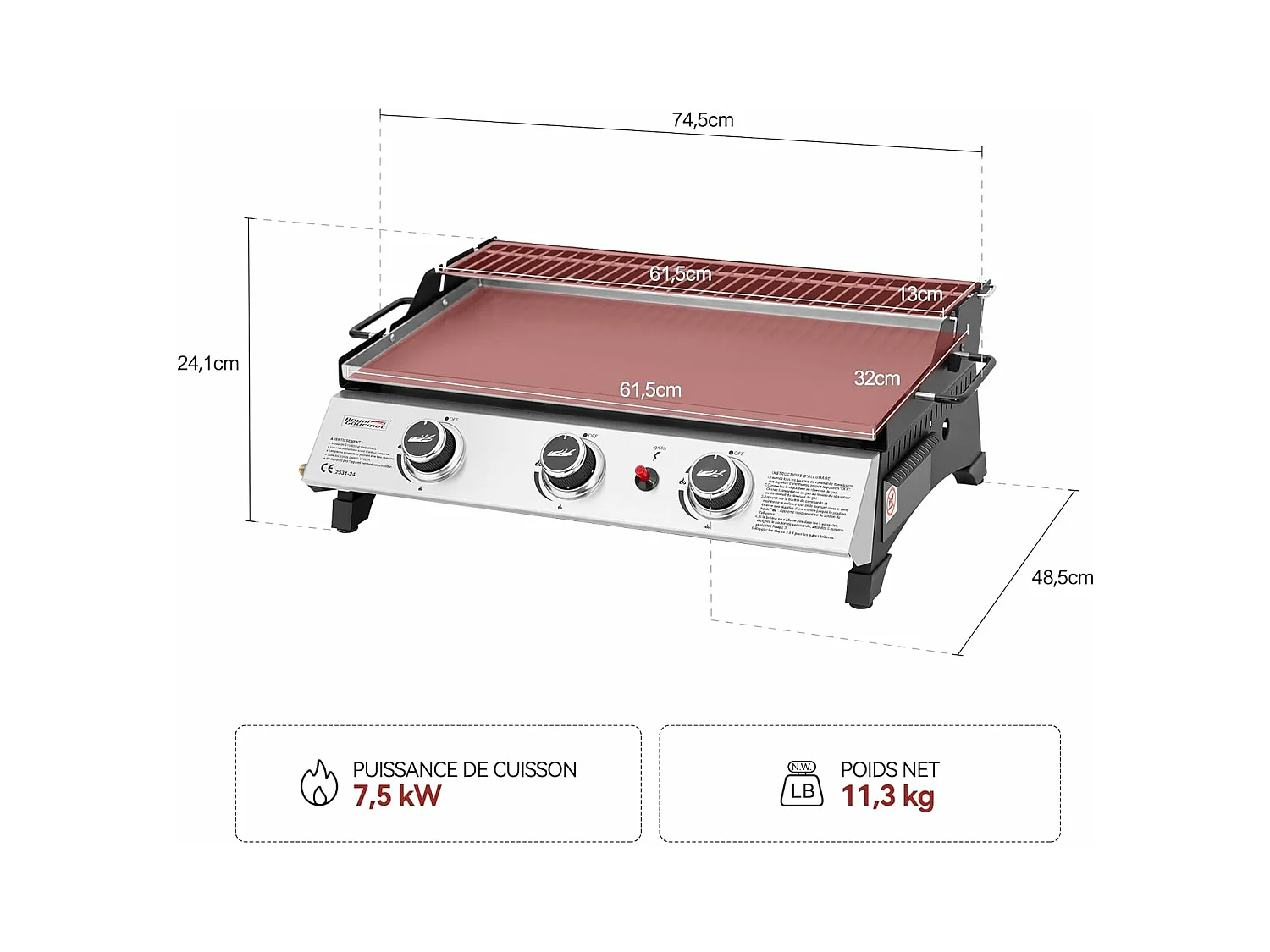 Plancha Gaz Royal Gourmet -3 Brûleurs 7.5kW-Plaque 61,5 x 32cm avec Grille de Réchauffage