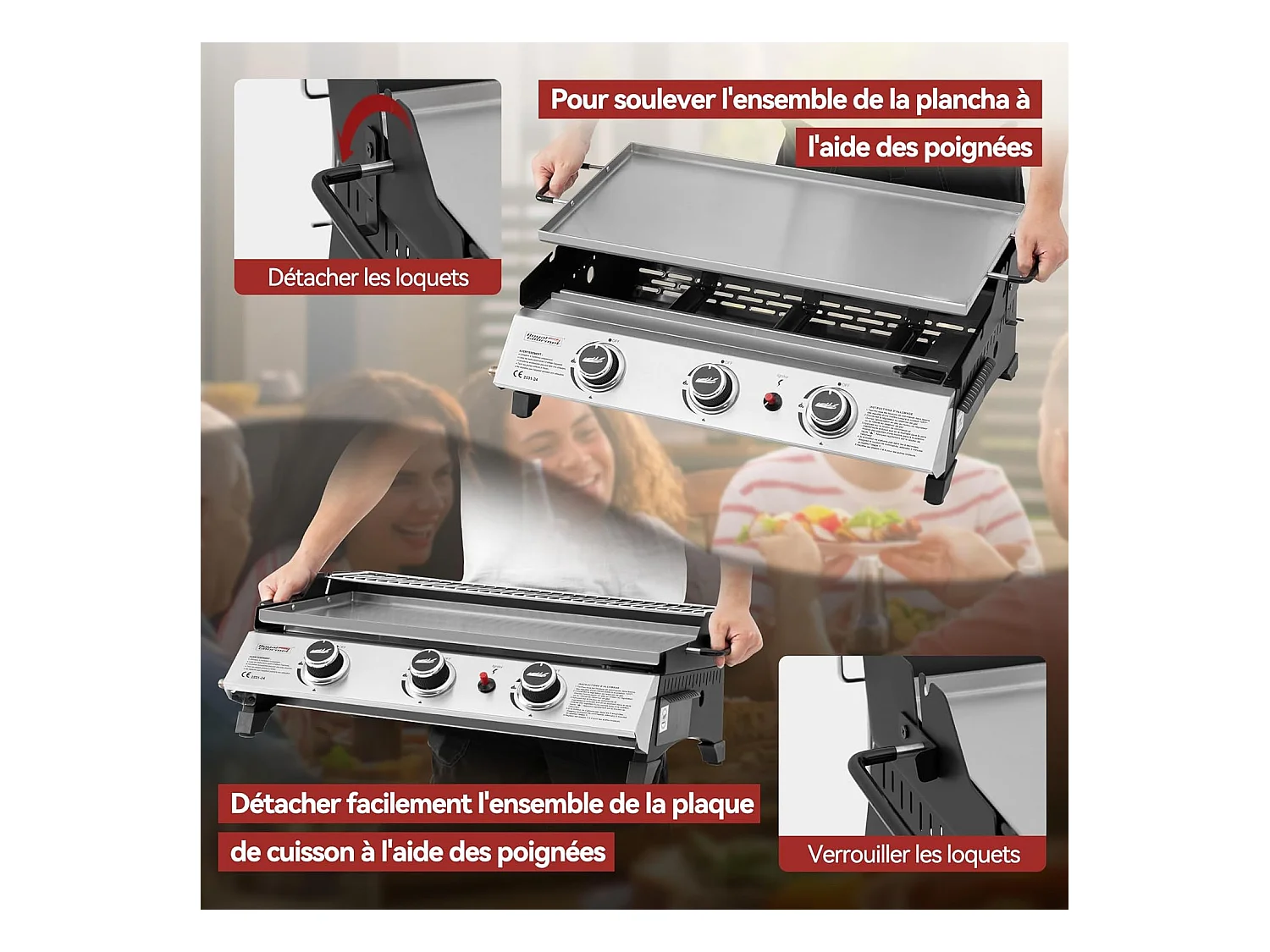 Plancha Gaz Royal Gourmet -3 Brûleurs 7.5kW-Plaque 61,5 x 32cm avec Grille de Réchauffage