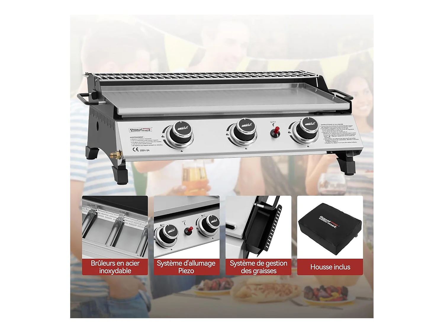 Plancha Gaz Royal Gourmet -3 Brûleurs 7.5kW-Plaque 61,5 x 32cm avec Grille de Réchauffage