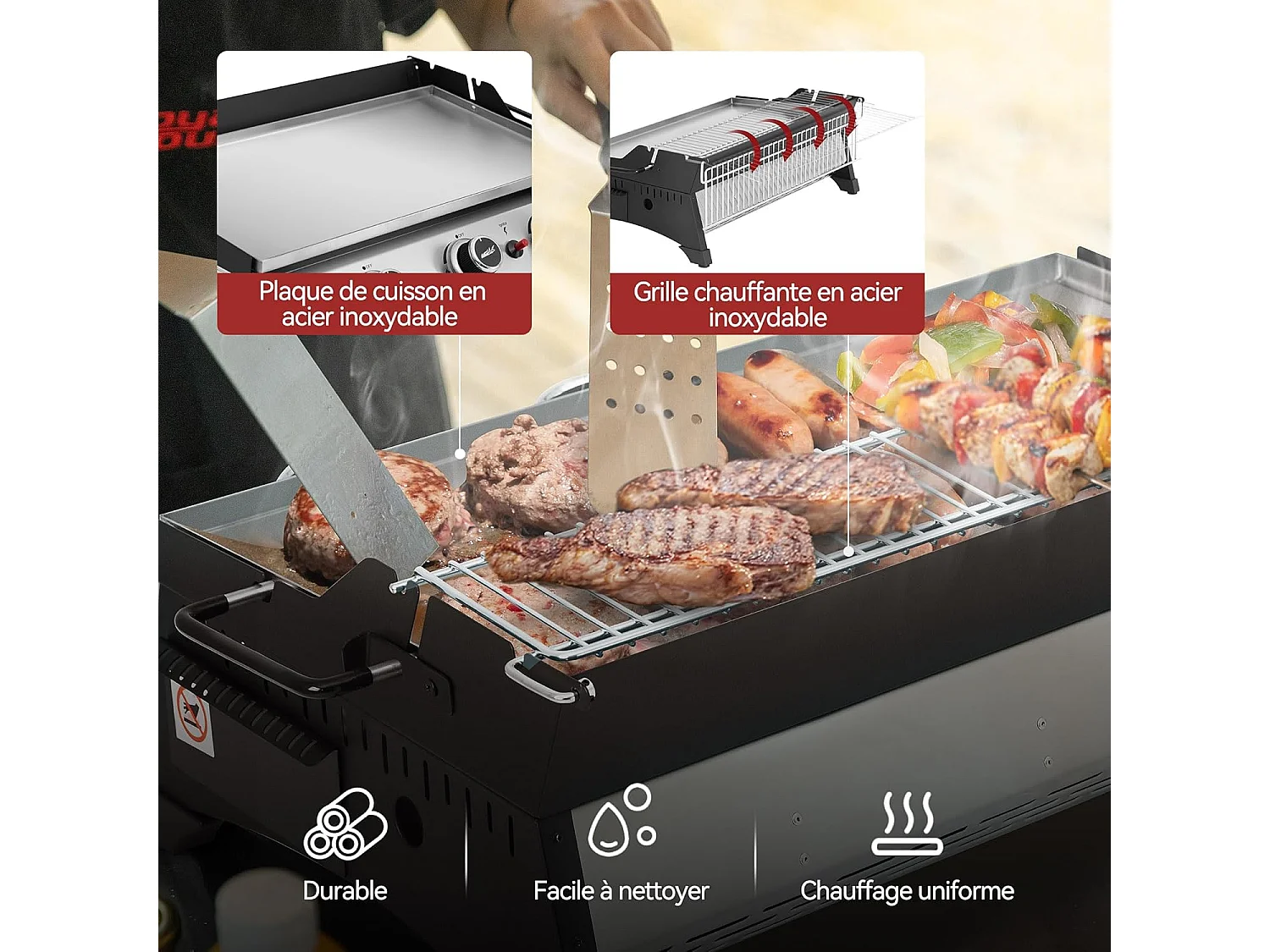 Plancha Gaz Royal Gourmet -3 Brûleurs 7.5kW-Plaque 61,5 x 32cm avec Grille de Réchauffage