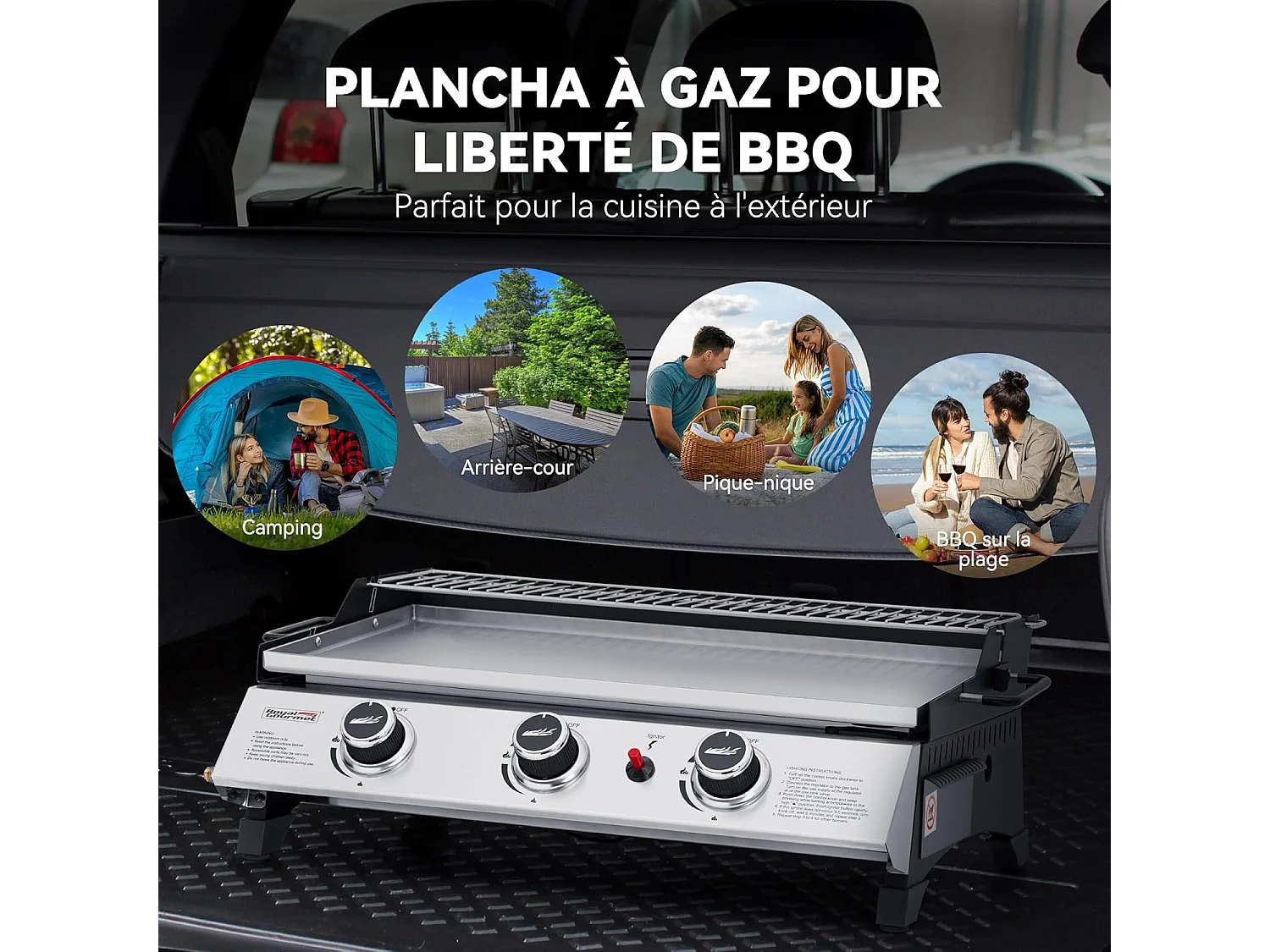 Plancha Gaz Royal Gourmet -3 Brûleurs 7.5kW-Plaque 61,5 x 32cm avec Grille de Réchauffage