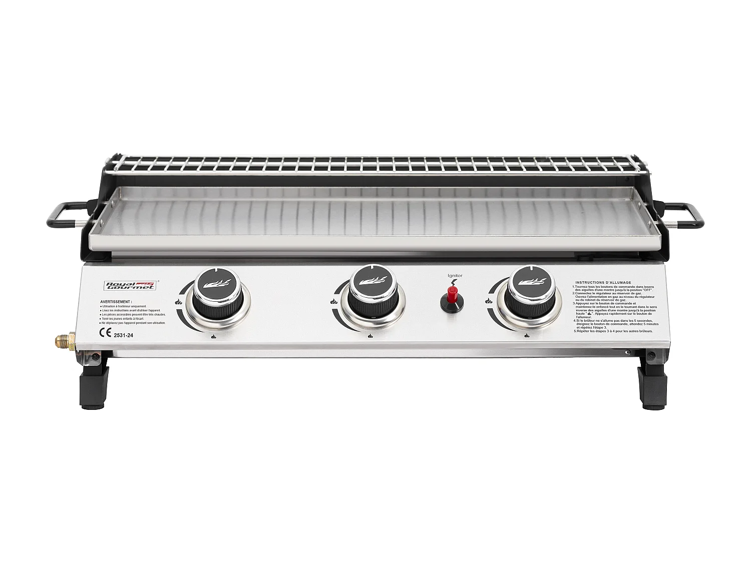 Plancha Gaz Royal Gourmet -3 Brûleurs 7.5kW-Plaque 61,5 x 32cm avec Grille de Réchauffage