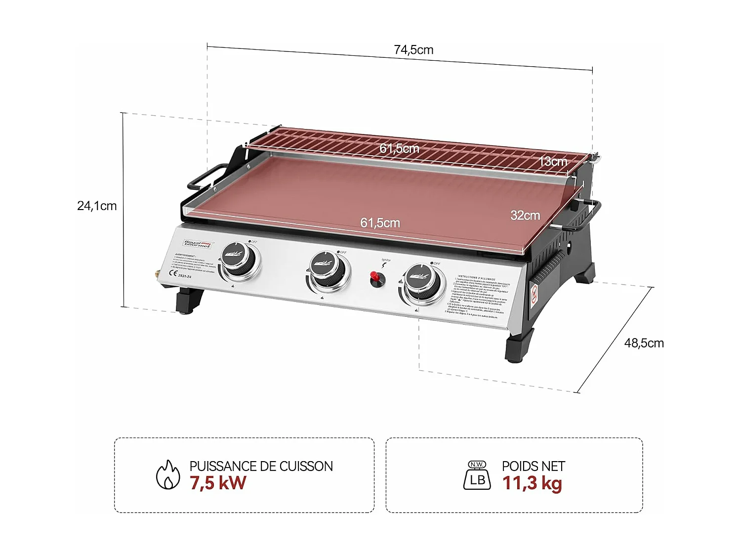 Plancha Gaz Royal Gourmet -3 Brûleurs 7.5kW-Plaque 61,5 x 32cm avec Grille de Réchauffage
