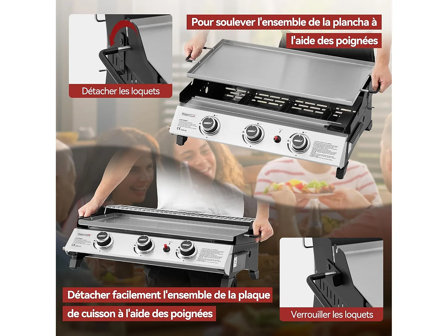 Plancha Gaz Royal Gourmet -3 Brûleurs 7.5kW-Plaque 61,5 x 32cm avec Grille de Réchauffage