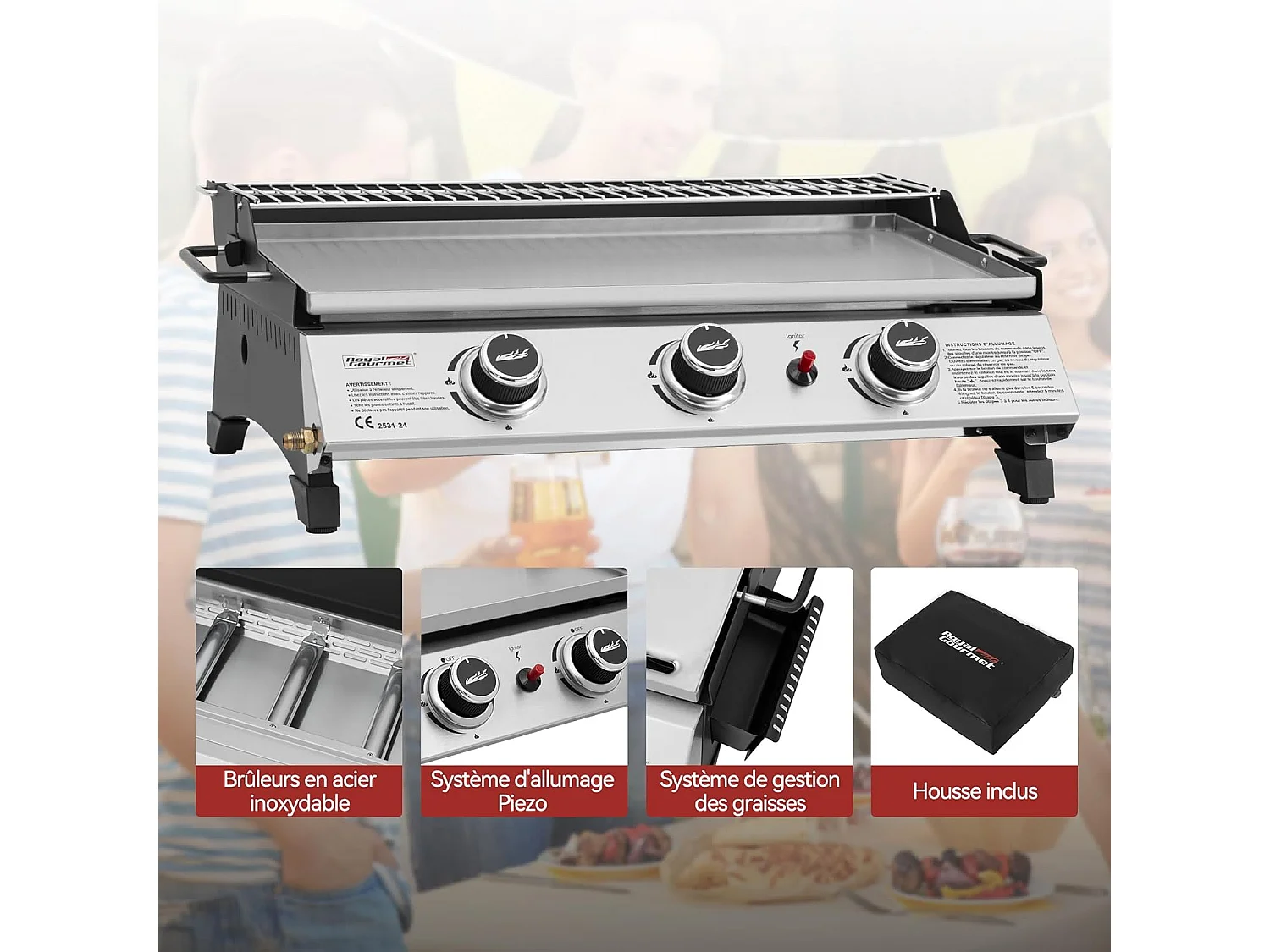 Plancha Gaz Royal Gourmet -3 Brûleurs 7.5kW-Plaque 61,5 x 32cm avec Grille de Réchauffage