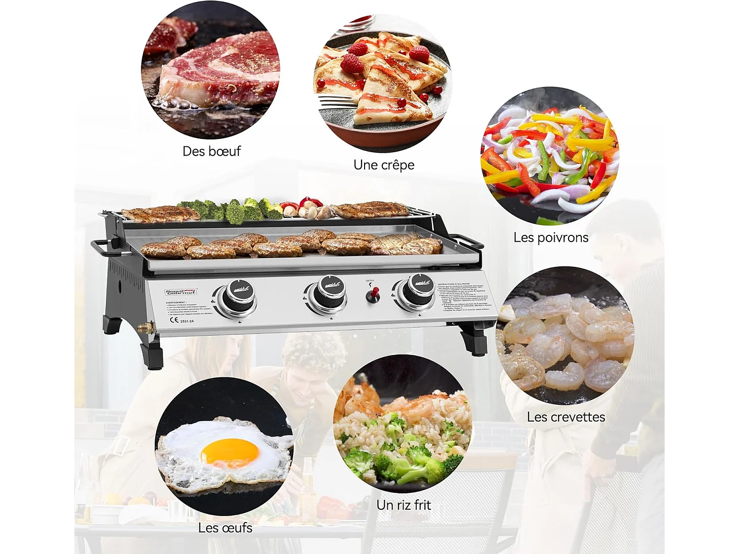 Plancha Gaz Royal Gourmet -3 Brûleurs 7.5kW-Plaque 61,5 x 32cm avec Grille de Réchauffage