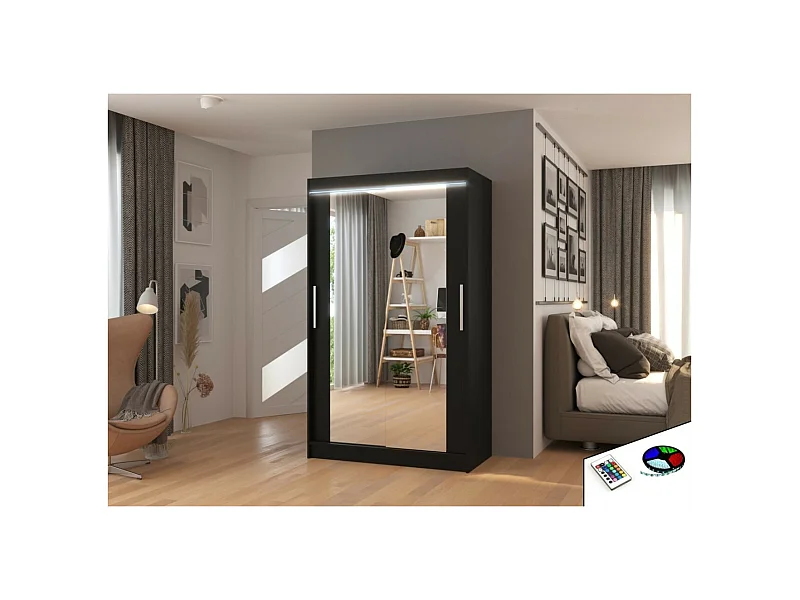 Armoire Tibo (120cm)/Miroir/LED/Portes coulissantes/Noir