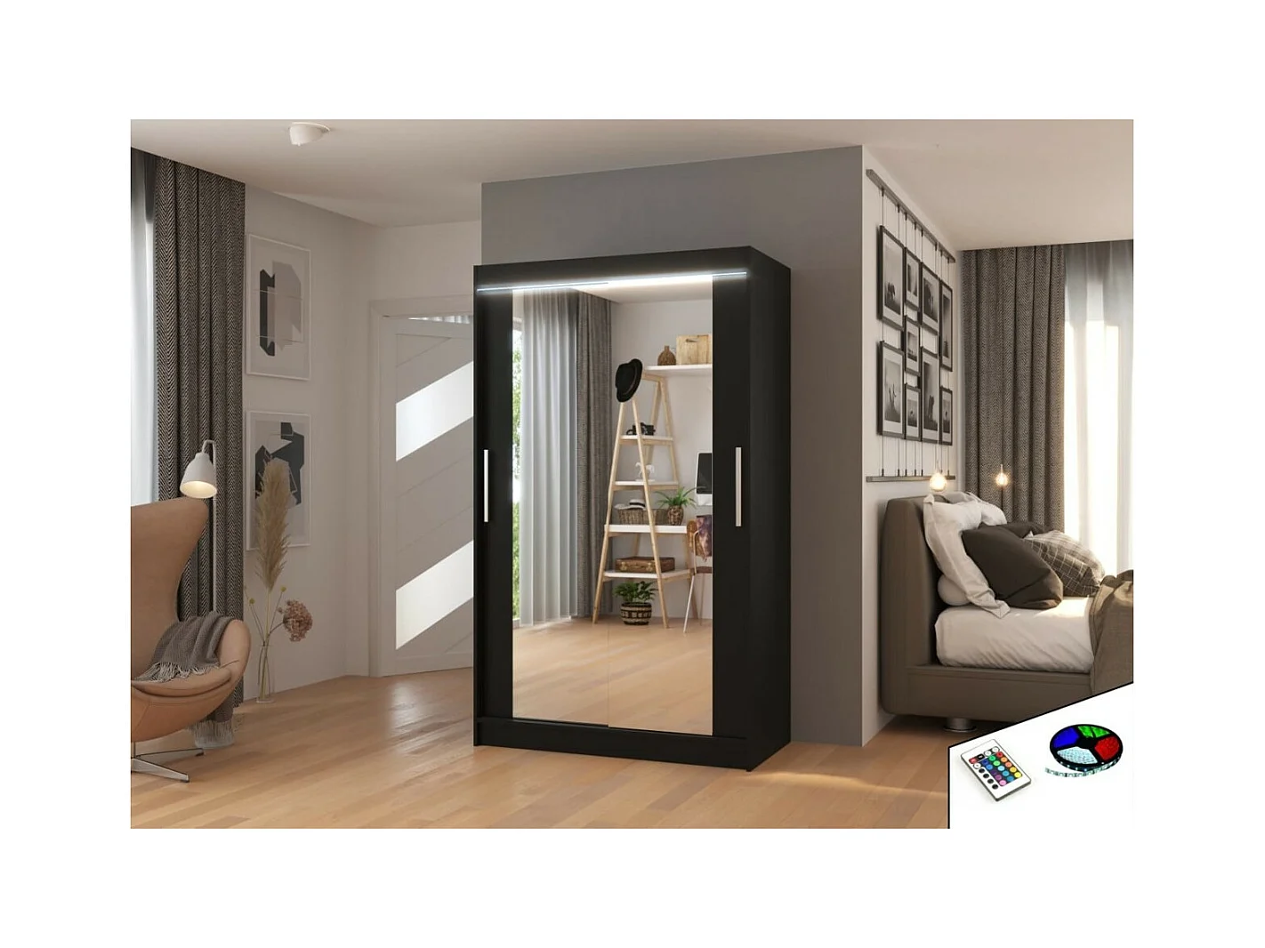 Armadio Tibo (120cm)/Specchio/LED/Ante scorrevoli/Nero