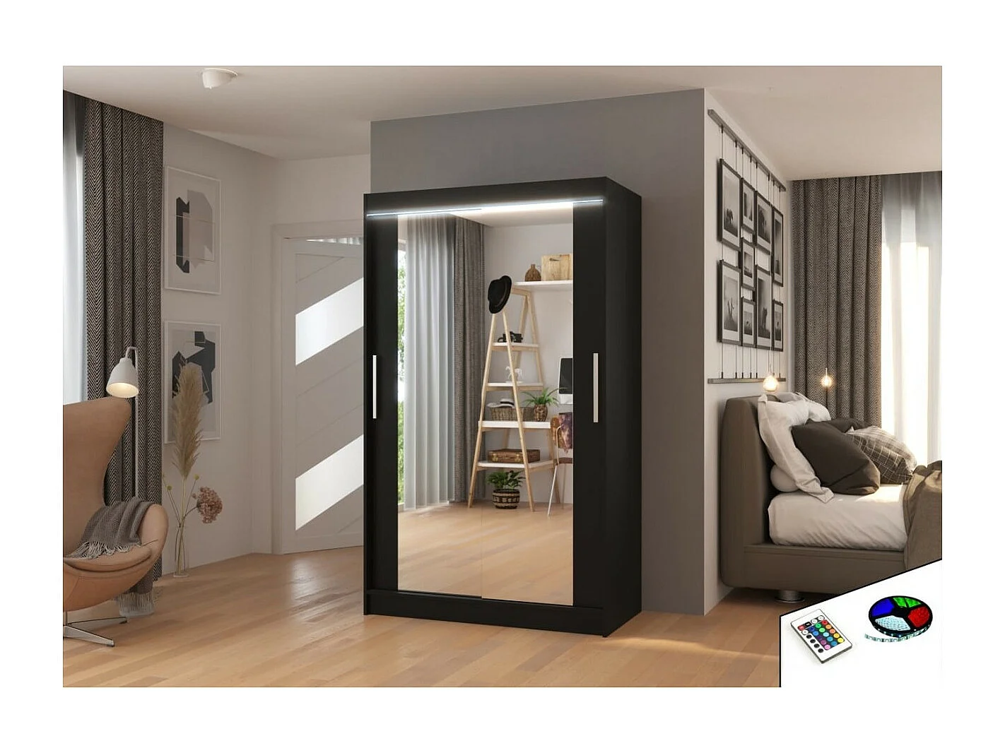 Armadio Tibo (120cm)/Specchio/LED/Ante scorrevoli/Nero