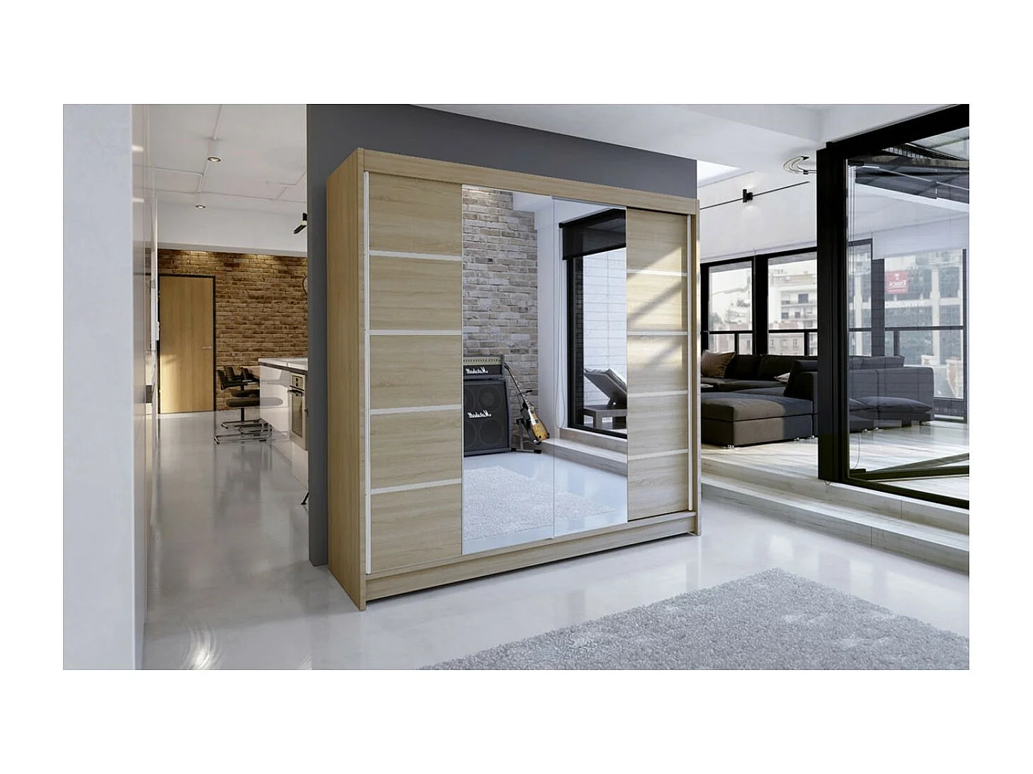 Kleiderschrank Triso (180cm)/Spiegel/Schiebetüren/Sonoma