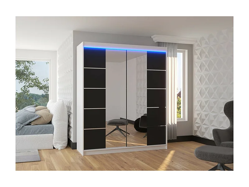 Armoire Triso (180cm)/Miroir/LED/Portes coulissantes/Blanc&Noir