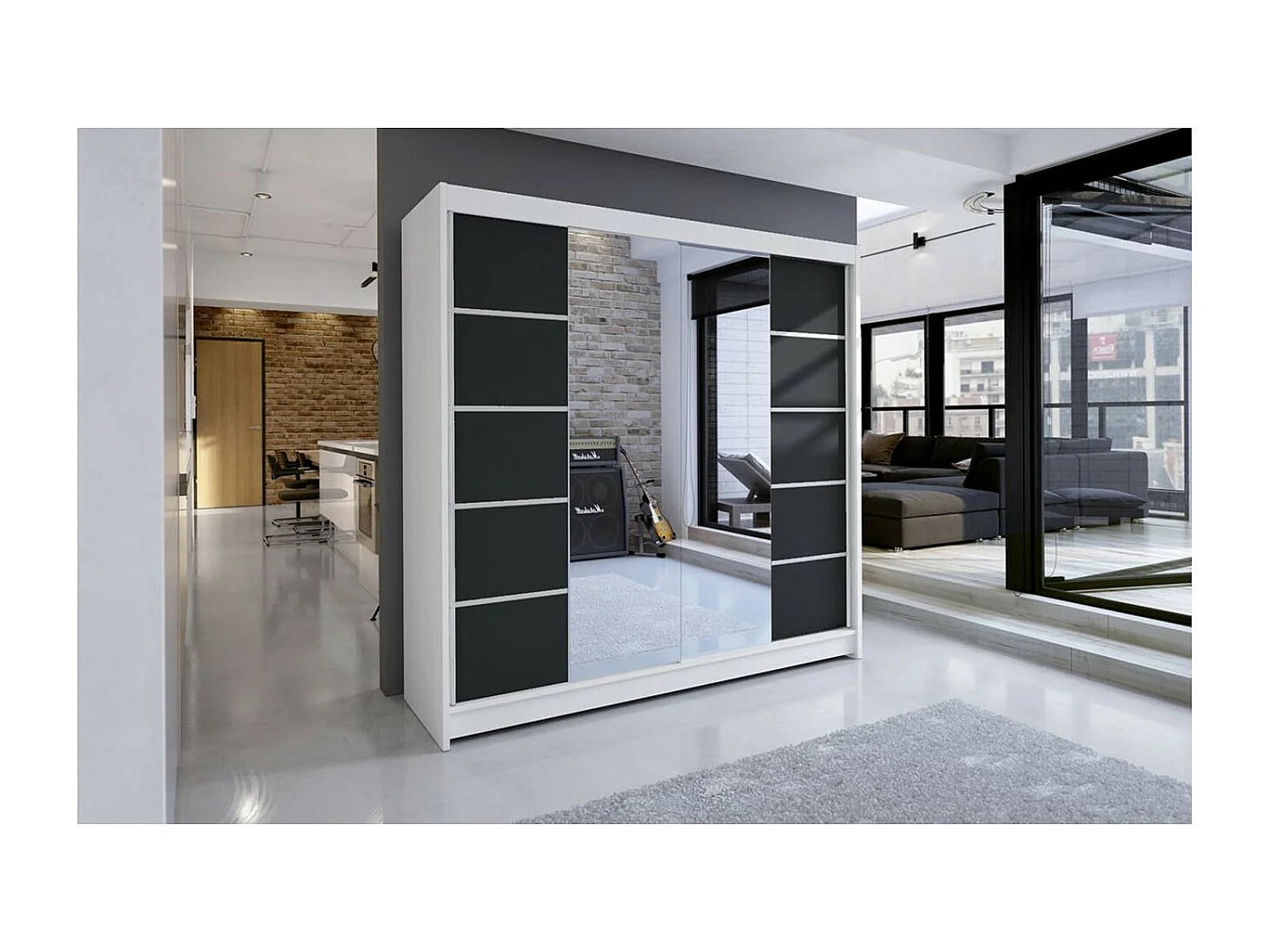 Kleiderschrank Triso (180cm)/Spiegel/LED/Schiebetüren/Weiss&Schwarz