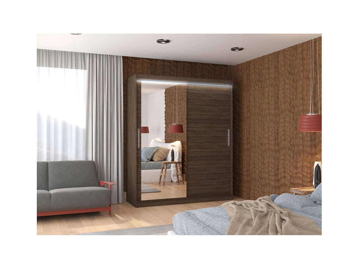 Kleiderschrank Tim (180cm)/Spiegel/LED/Schiebetüren/Braun