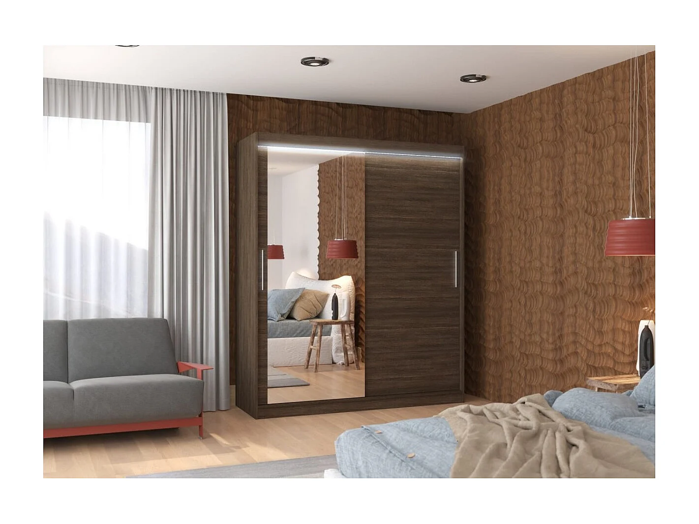 Kleiderschrank Tim (180cm)/Spiegel/LED/Schiebetüren/Braun