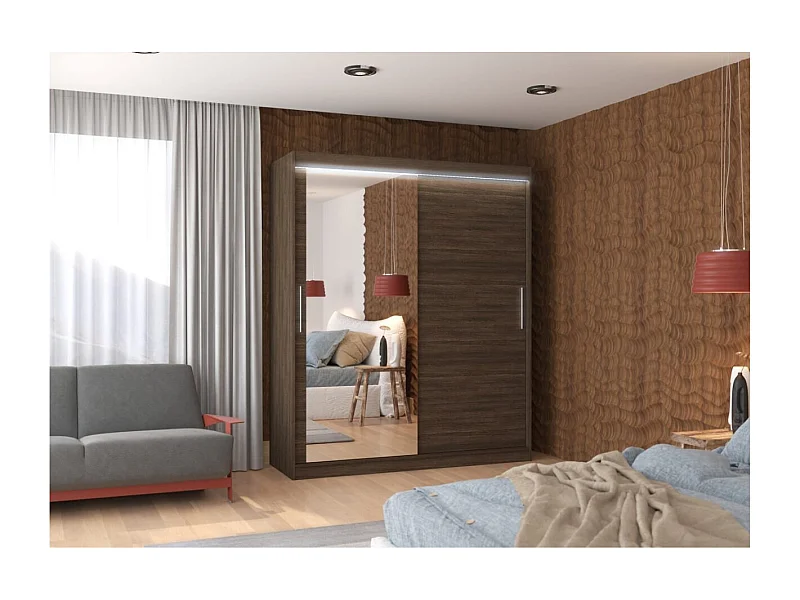 Kleiderschrank Tim (180cm)/Spiegel/LED/Schiebetüren/Braun