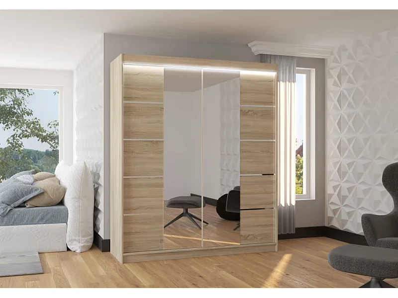 Kleiderschrank Triso (180cm)/Spiegel/LED/Schiebetüren/Sonoma