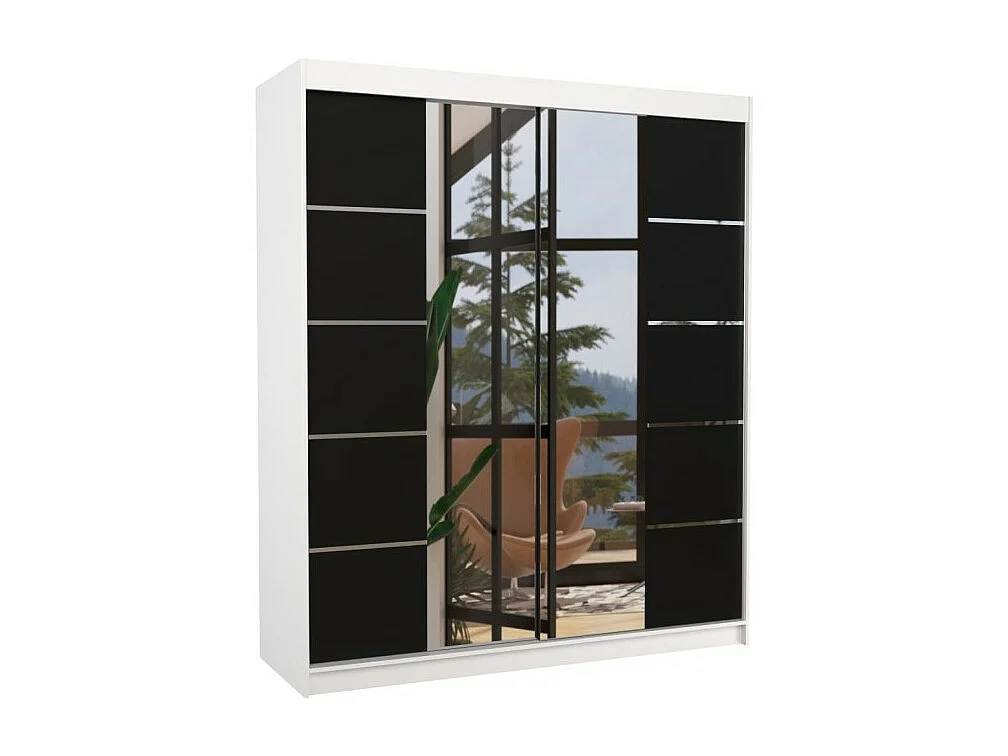 Kleiderschrank Triso (180cm)/Spiegel/Schiebetüren/Weiss&Schwarz