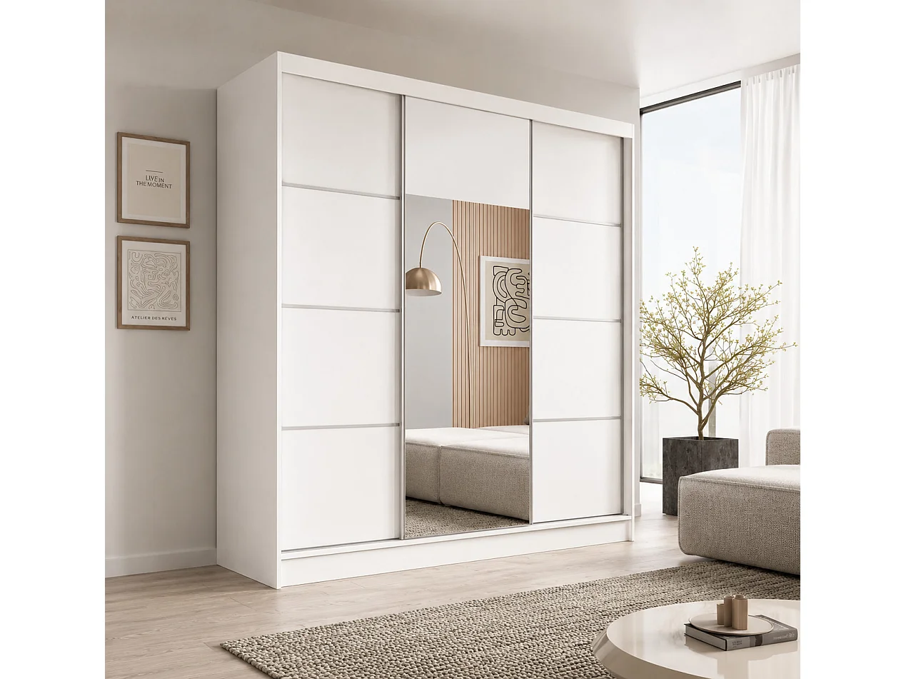 Armoire 3 portes coulissantes KERY 200cm avec miroir – Design moderne-Blanc/Argent