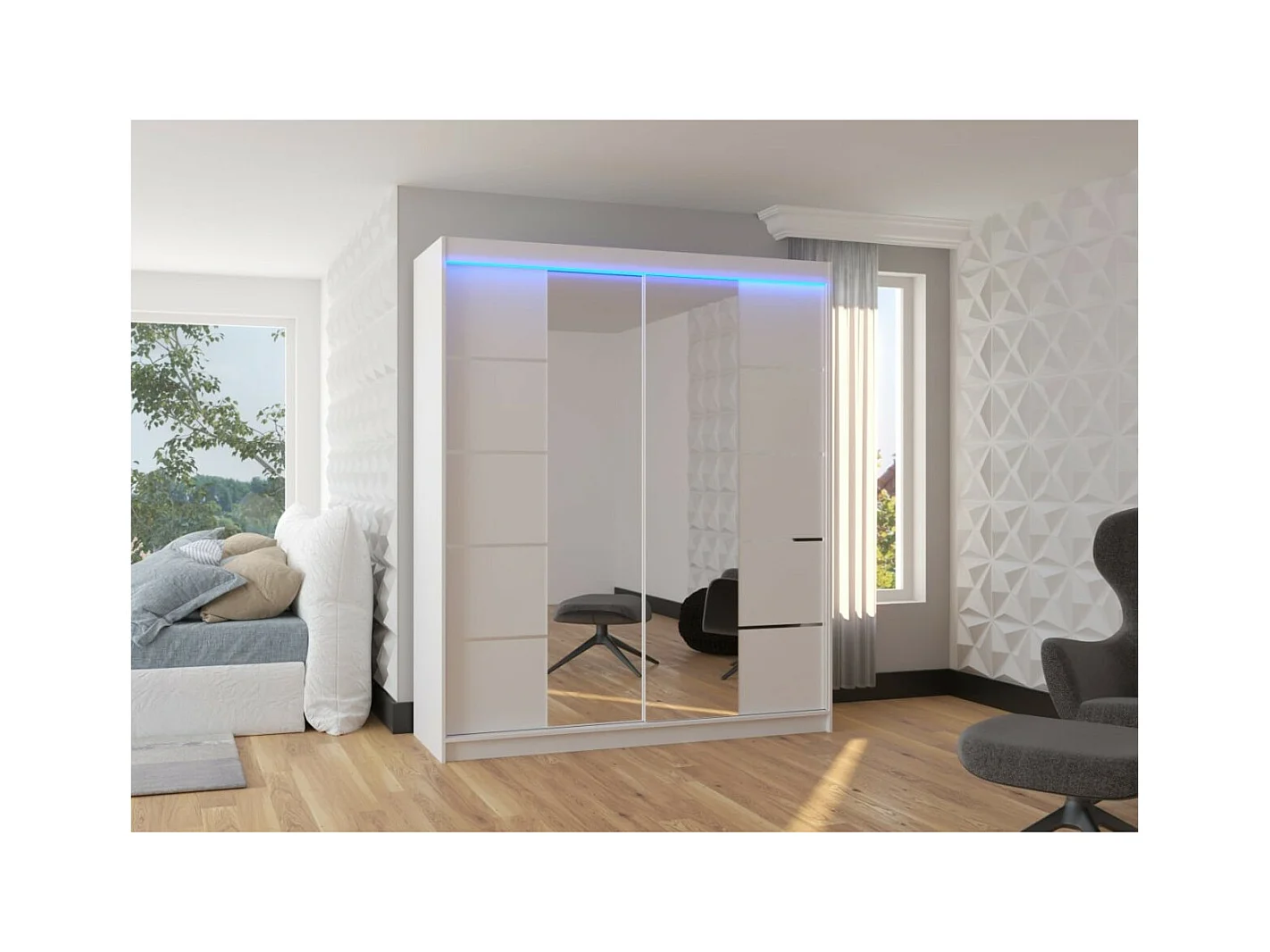 Armoire Triso (180cm)/Miroir/LED/Portes coulissantes/Blanc
