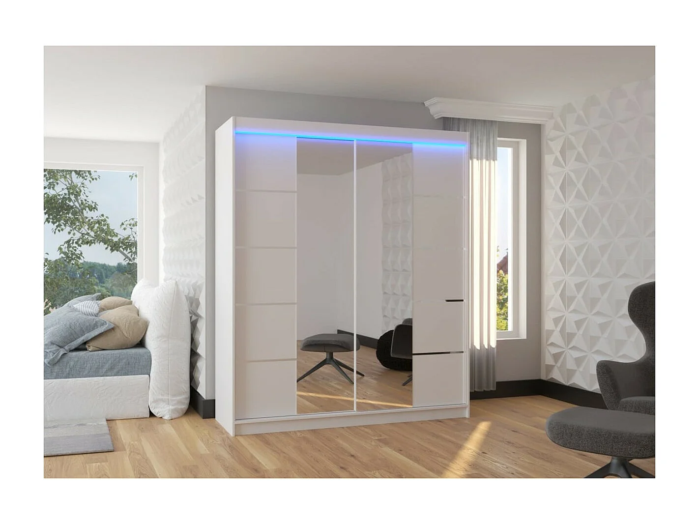 Armoire Triso (180cm)/Miroir/LED/Portes coulissantes/Blanc