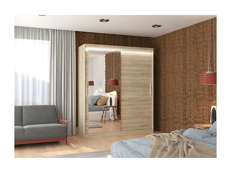 Armoire Tim (180cm)/Miroir/LED/Portes coulissantes/Sonoma