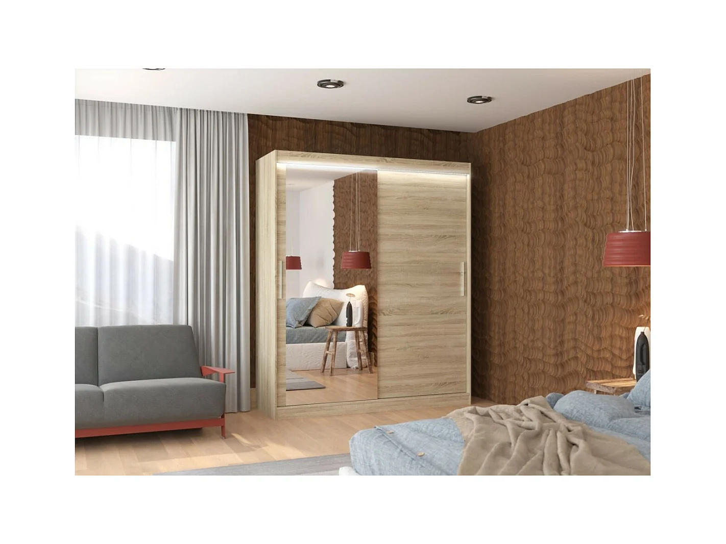 Kleiderschrank Tim (180cm)/Spiegel/LED/Schiebetüren/Sonoma