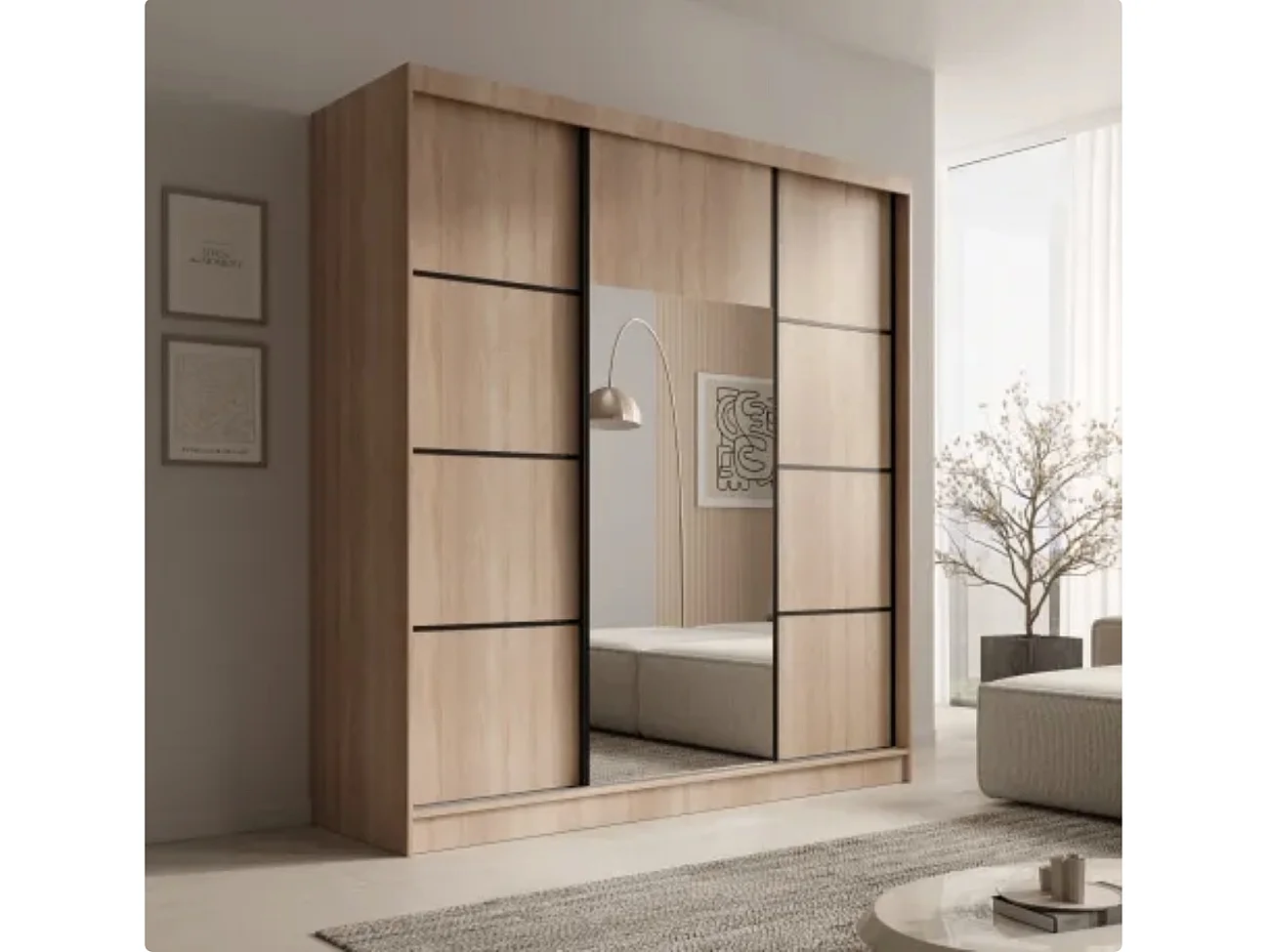 Armoire 3 portes coulissantes KERY 200cm avec miroir – Design moderne-Naturel/Noir