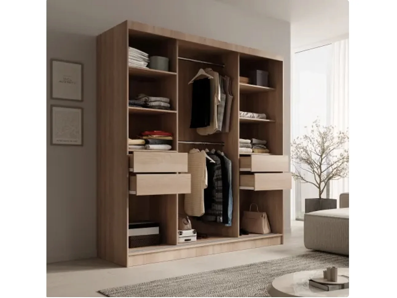 Armoire 3 portes coulissantes KERY 200cm avec miroir – Design moderne-Naturel/Noir