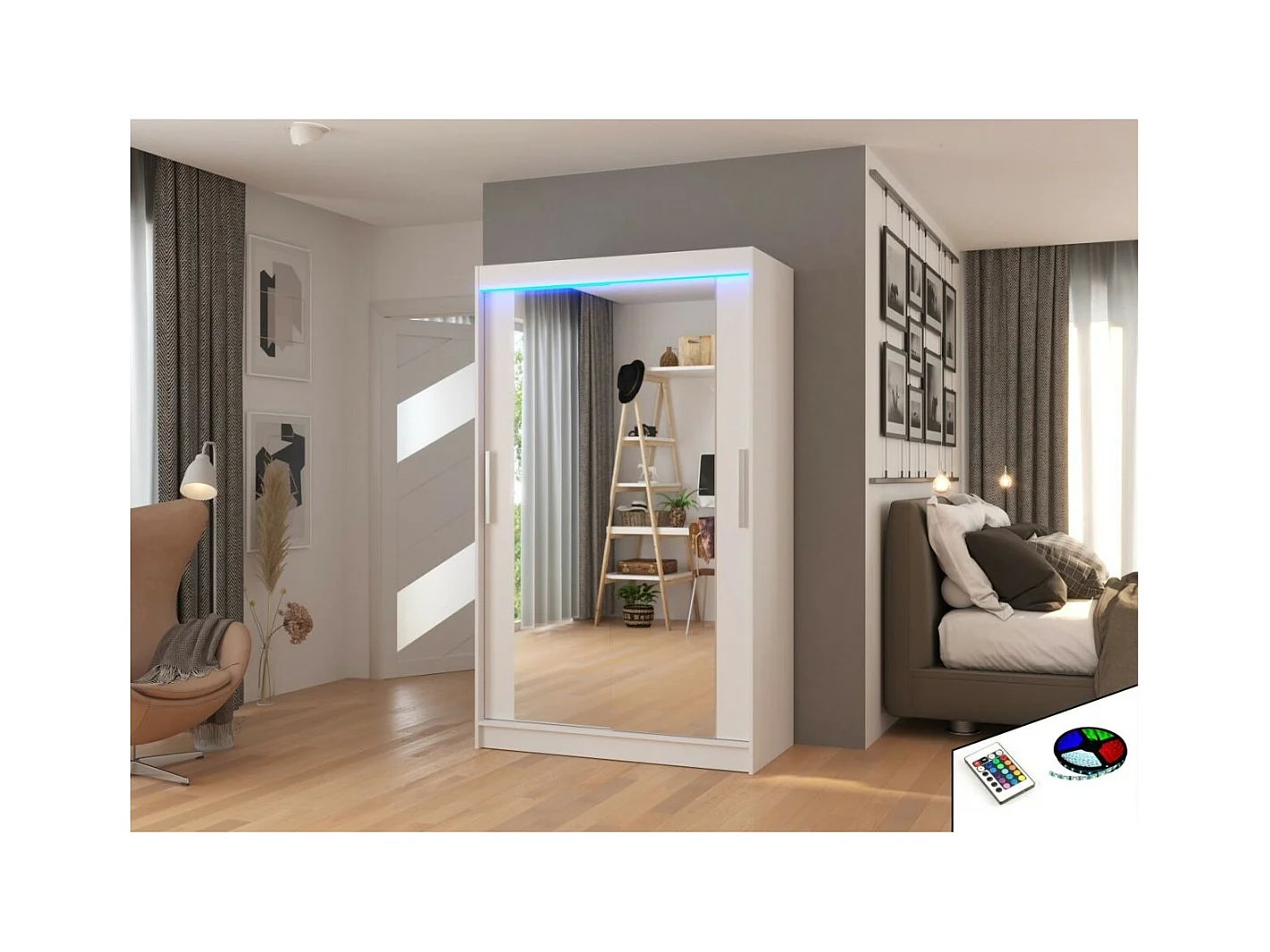 Armoire Tibo (120cm)/Miroir/LED/Portes coulissantes/Blanc