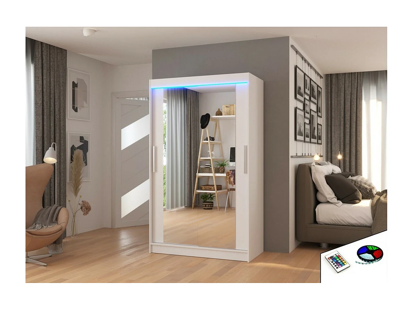 Armoire Tibo (120cm)/Miroir/LED/Portes coulissantes/Blanc