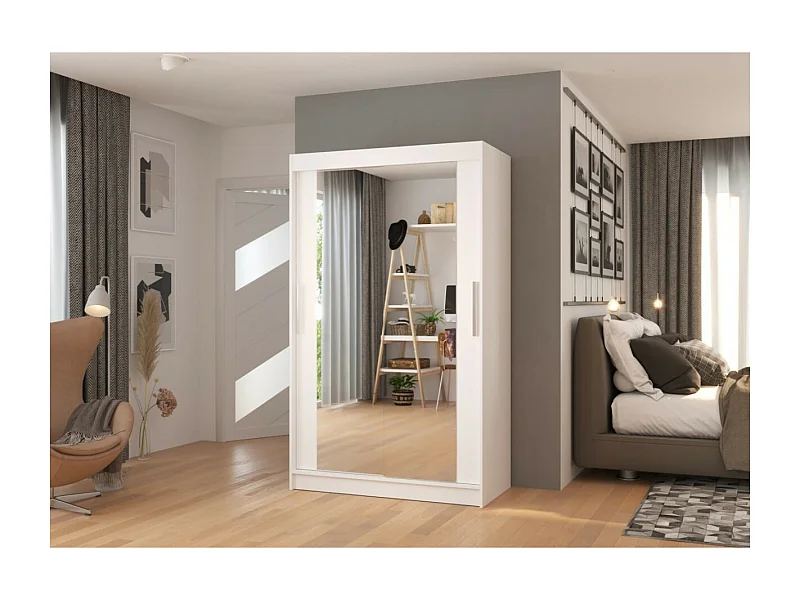 Armadio Tibo (120cm)/Specchio/Ante scorrevoli/Bianco